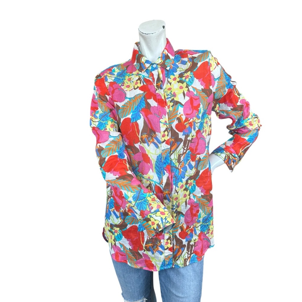 J. McLaughlin White Rainbow Bright Floral Collared Linen Button Down Shirt Small